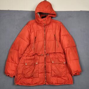 J Crew Signature Puffer Jacket Womens XXL Orange Hooded PrimaLoft Warm Parka